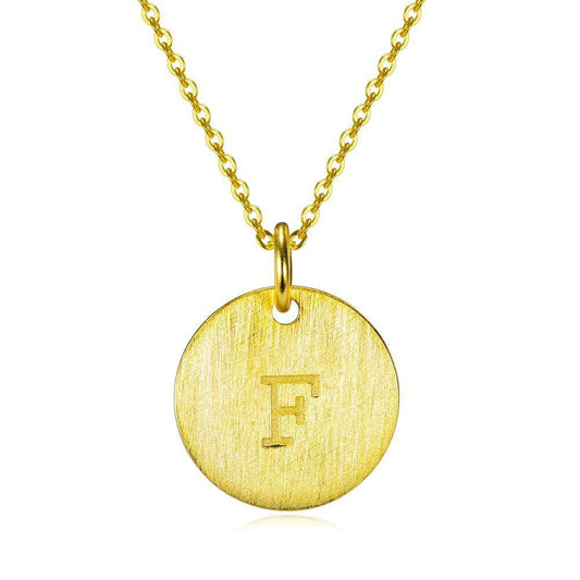 14K Yellow Gold Script Disc Initial Necklace Round Letter 'F' Pendant in 925 Sterling Siver 18'