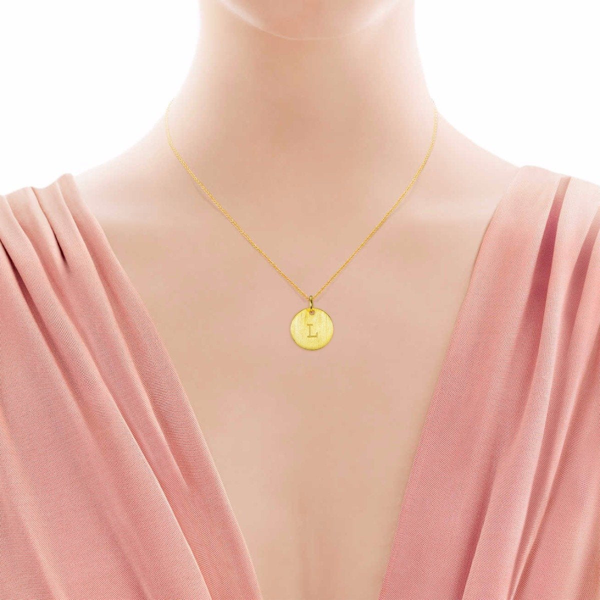 14K Yellow Gold Script Disc Initial Necklace Round Letter 'L' Pendant in 925 Sterling Siver 18'