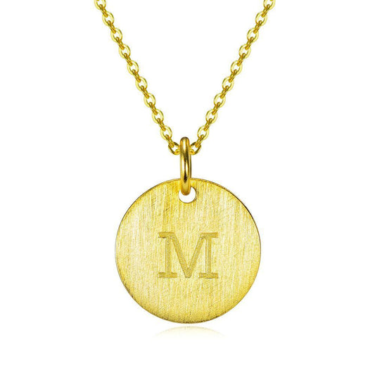14K Yellow Gold Script Disc Initial Necklace Round Letter 'M' Pendant in 925 Sterling Siver 18'
