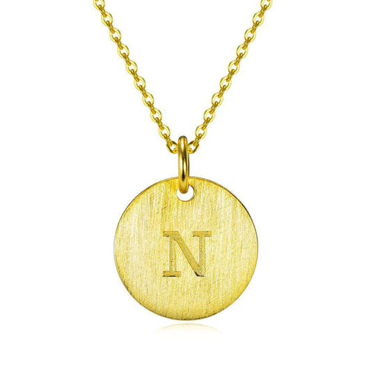 14K Yellow Gold Script Disc Initial Necklace Round Letter 'N' Pendant in 925 Sterling Siver 18'