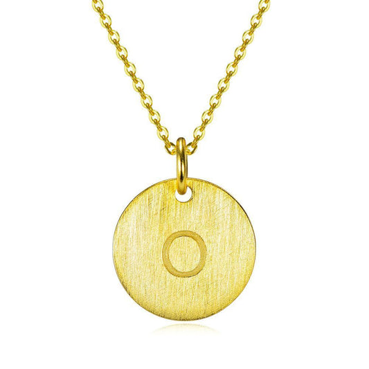 14K Yellow Gold Script Disc Initial Necklace Round Letter 'O' Pendant in 925 Sterling Siver 18'