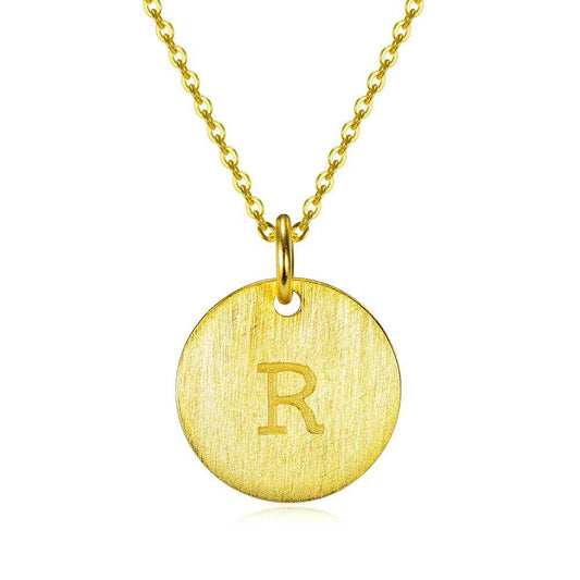 14K Yellow Gold Script Disc Initial Necklace Round Letter 'R' Pendant in 925 Sterling Siver 18'