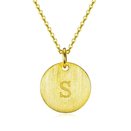 14K Yellow Gold Script Disc Initial Necklace Round Letter 'S' Pendant in 925 Sterling Siver 18'