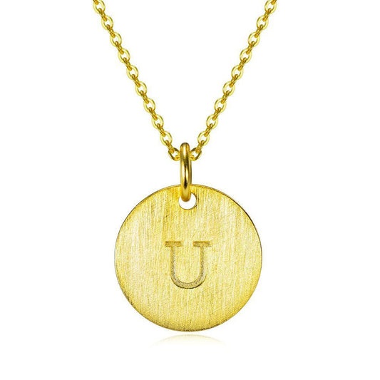 14K Yellow Gold Script Disc Initial Necklace Round Letter 'U' Pendant in 925 Sterling Siver 18'