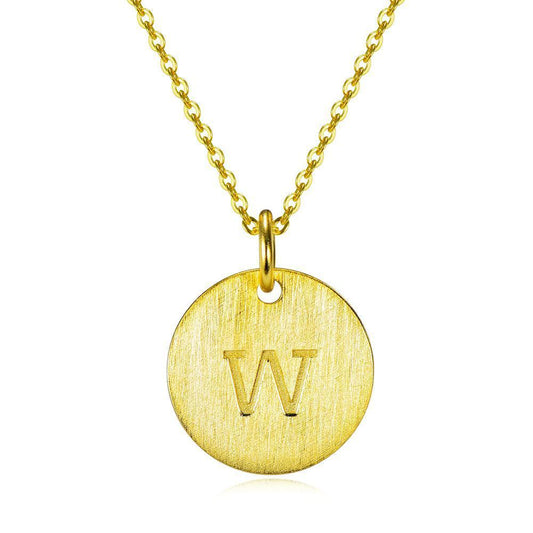 14K Yellow Gold Script Disc Initial Necklace Round Letter 'W' Pendant in 925 Sterling Siver 18'