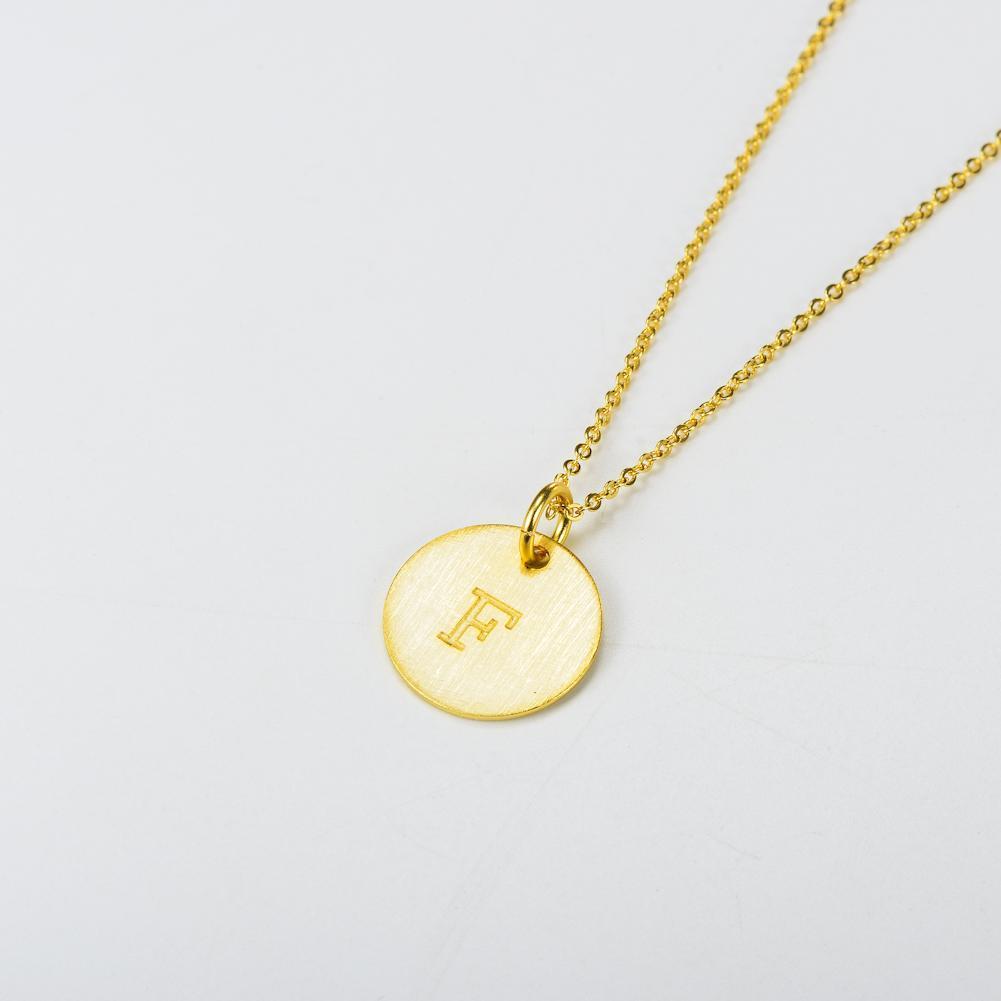 14K Yellow Gold Script Disc Initial Necklace Round Letter 'F' Pendant in 925 Sterling Siver 18'