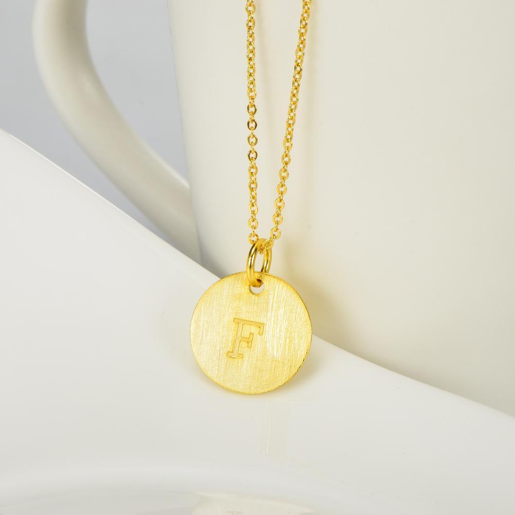 14K Yellow Gold Script Disc Initial Necklace Round Letter 'F' Pendant in 925 Sterling Siver 18'