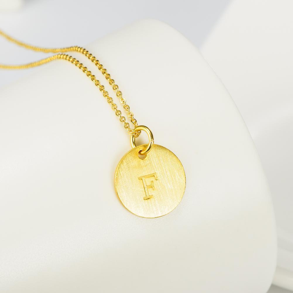 14K Yellow Gold Script Disc Initial Necklace Round Letter 'F' Pendant in 925 Sterling Siver 18'