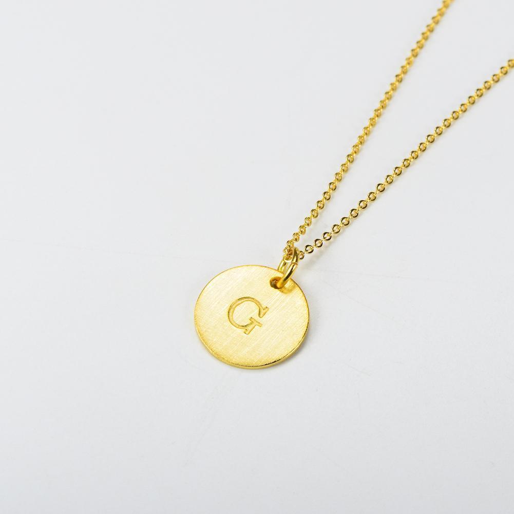 14K Yellow Gold Script Disc Initial Necklace Round Letter 'G' Pendant in Sterling Siver 18'