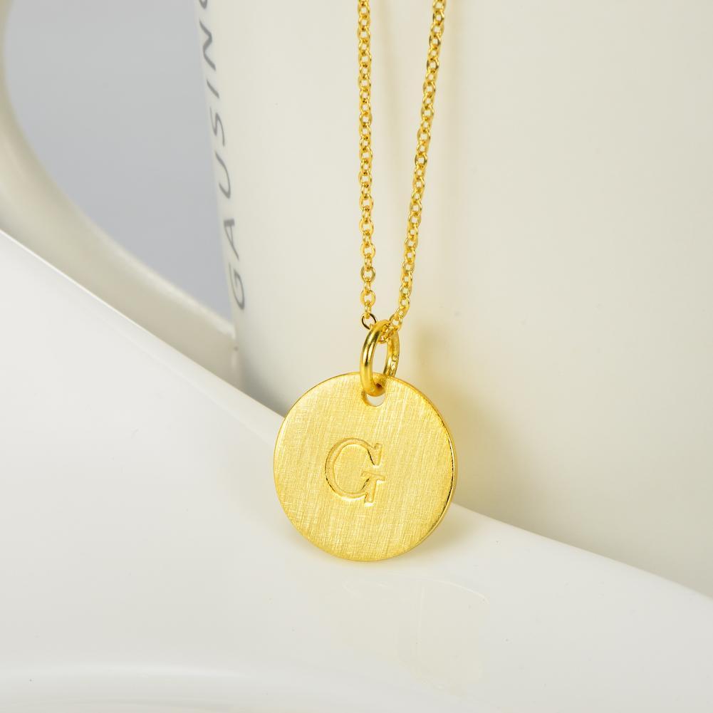 14K Yellow Gold Script Disc Initial Necklace Round Letter 'G' Pendant in Sterling Siver 18'