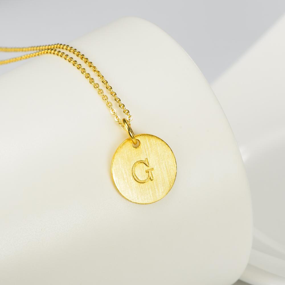14K Yellow Gold Script Disc Initial Necklace Round Letter 'G' Pendant in Sterling Siver 18'