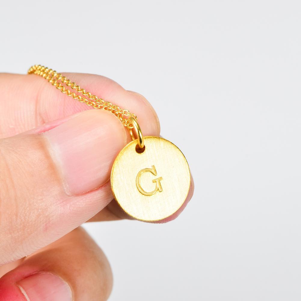 14K Yellow Gold Script Disc Initial Necklace Round Letter 'G' Pendant in Sterling Siver 18'