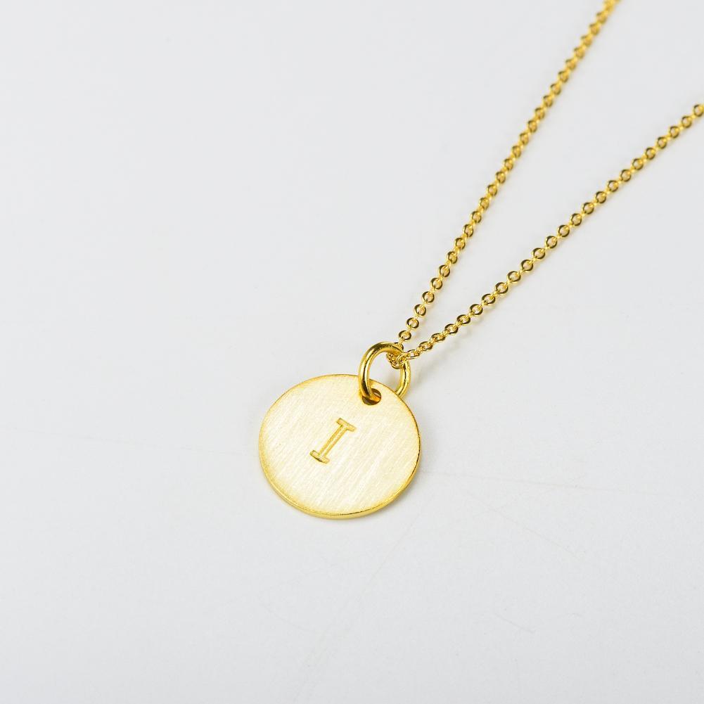 14K Yellow Gold Script Disc Initial Necklace Round Letter 'I' Pendant in 925 Sterling Siver 18'