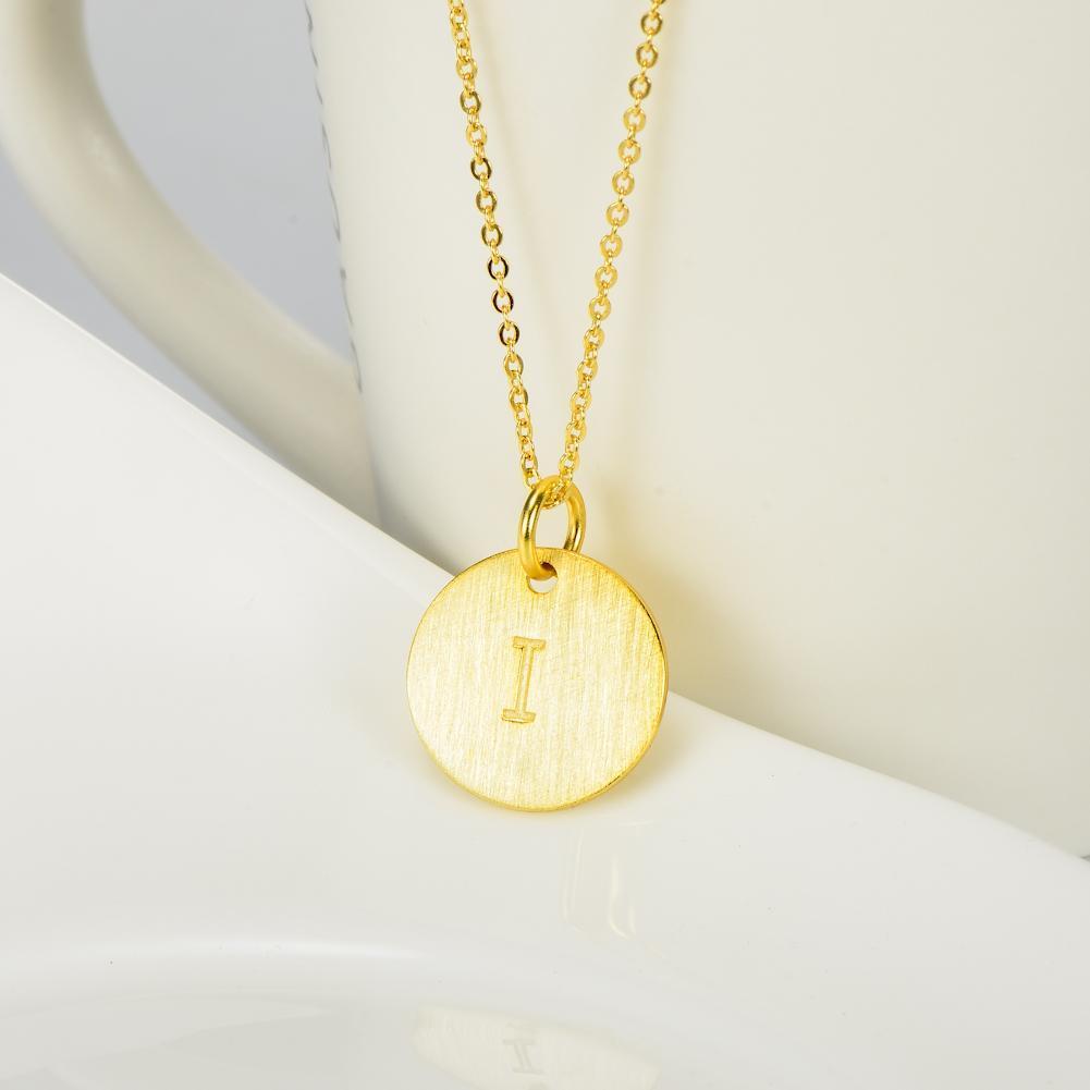 14K Yellow Gold Script Disc Initial Necklace Round Letter 'I' Pendant in 925 Sterling Siver 18'