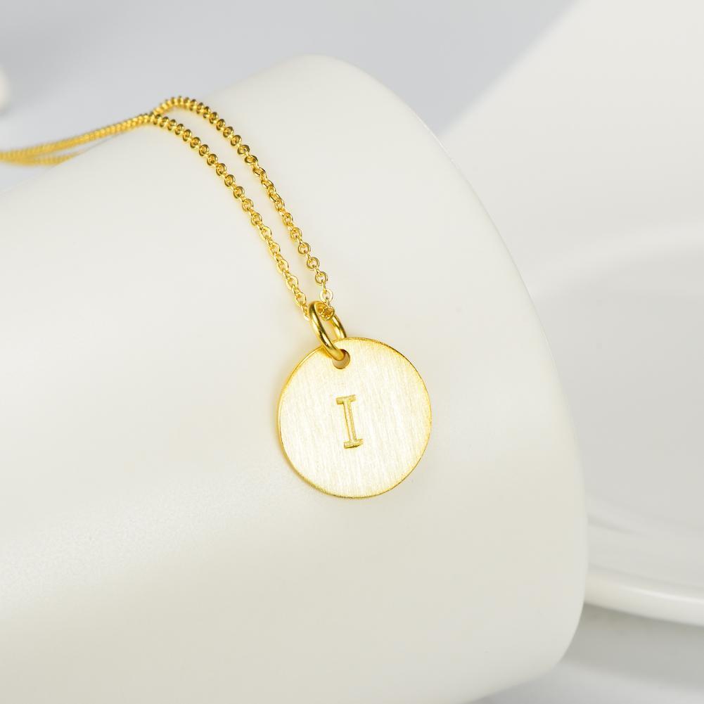 14K Yellow Gold Script Disc Initial Necklace Round Letter 'I' Pendant in 925 Sterling Siver 18'