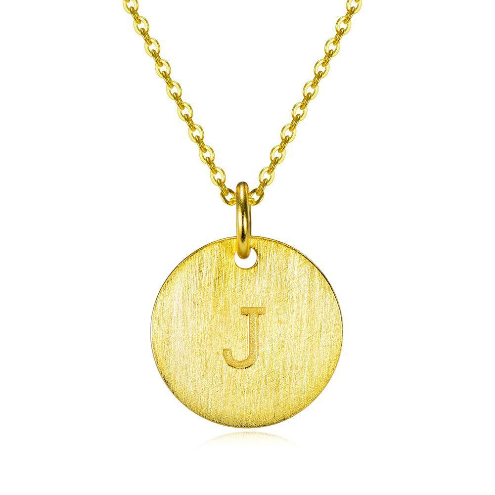 14K Yellow Gold Script Disc Initial Necklace Round Letter 'J' Pendant in 925 Sterling Siver 18'