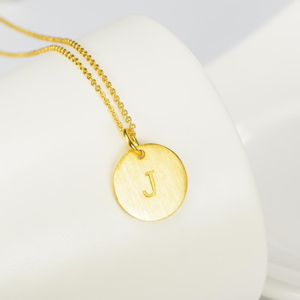 14K Yellow Gold Script Disc Initial Necklace Round Letter 'J' Pendant in 925 Sterling Siver 18'