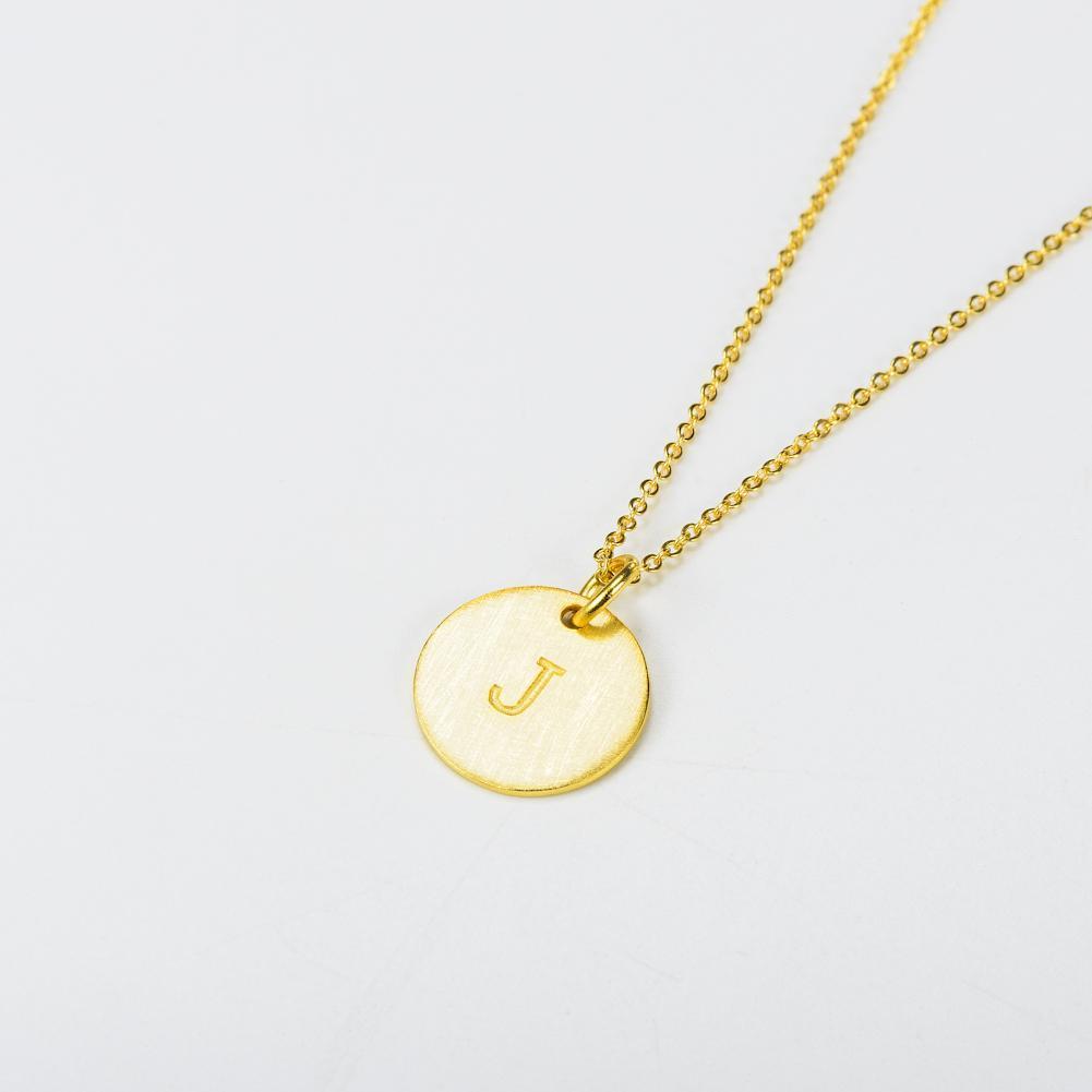 14K Yellow Gold Script Disc Initial Necklace Round Letter 'J' Pendant in 925 Sterling Siver 18'