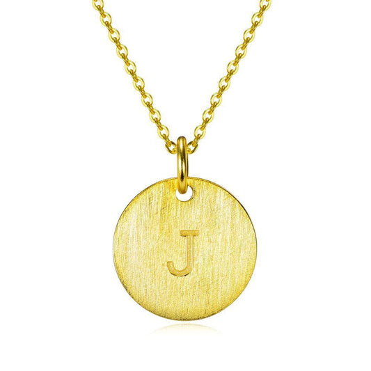 14K Yellow Gold Script Disc Initial Necklace Round Letter 'J' Pendant in 925 Sterling Siver 18'