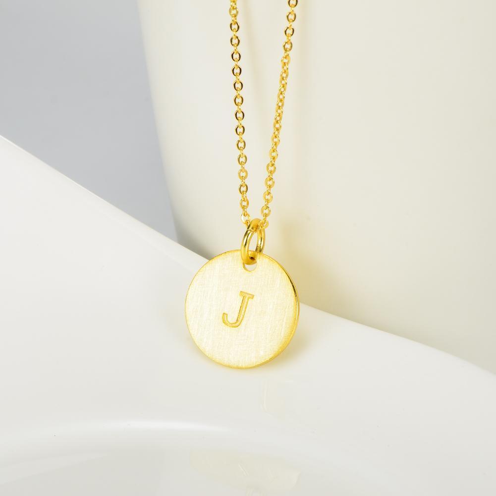 14K Yellow Gold Script Disc Initial Necklace Round Letter 'J' Pendant in 925 Sterling Siver 18'