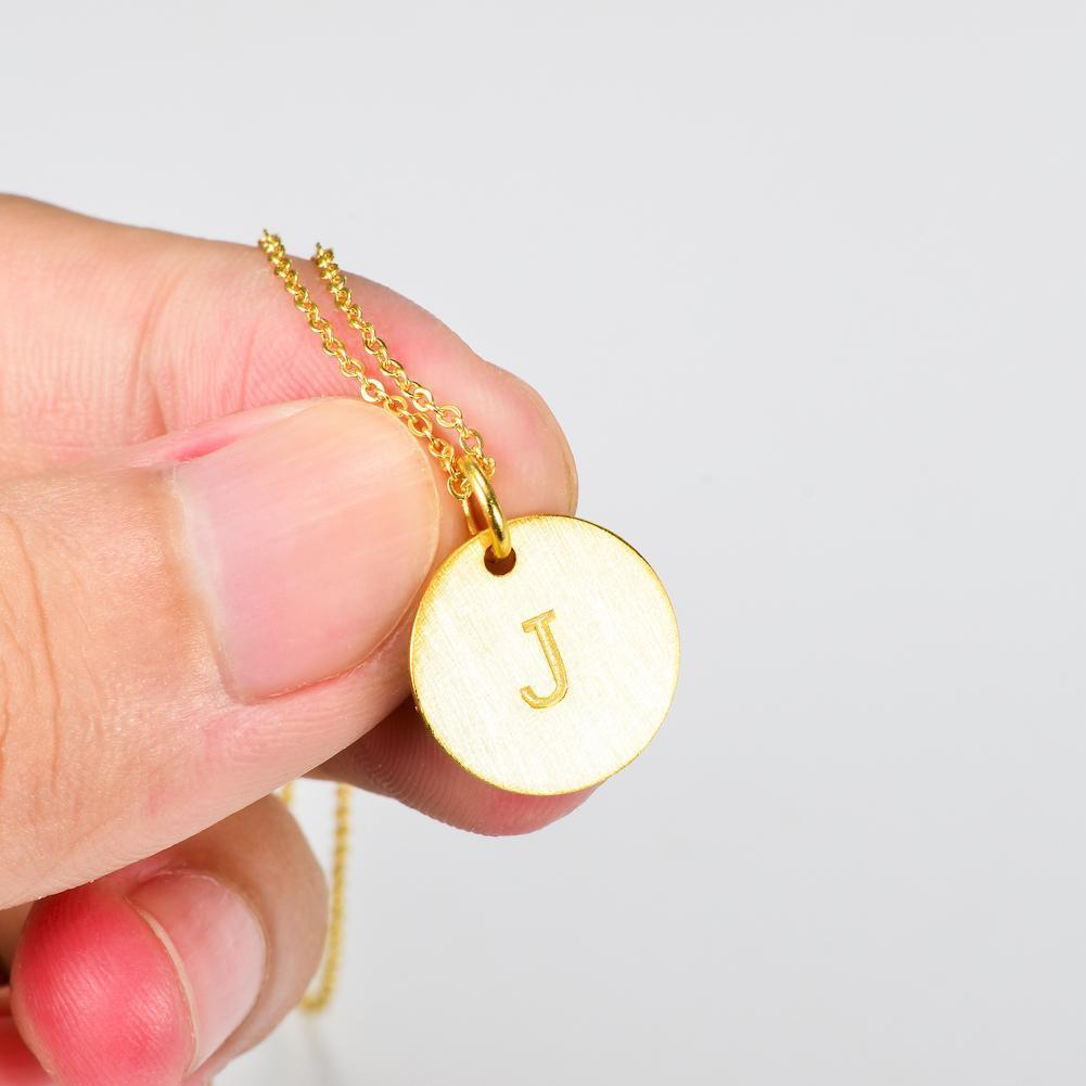 14K Yellow Gold Script Disc Initial Necklace Round Letter 'J' Pendant in 925 Sterling Siver 18'