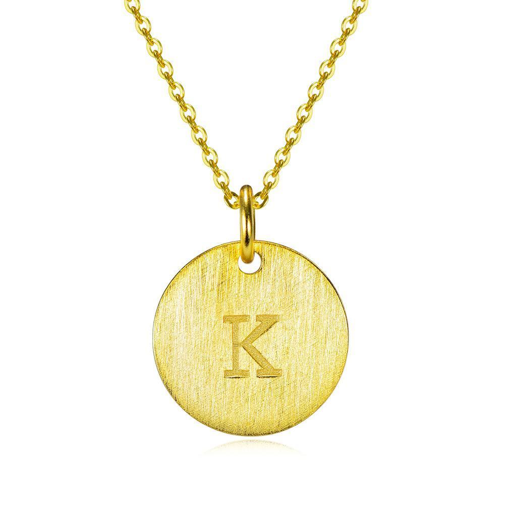 14K Yellow Gold Script Disc Initial Necklace Round Letter 'K' Pendant in 925 Sterling Siver 18'