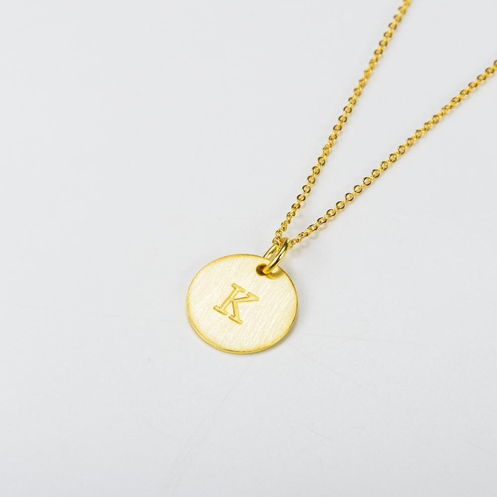 14K Yellow Gold Script Disc Initial Necklace Round Letter 'K' Pendant in 925 Sterling Siver 18'