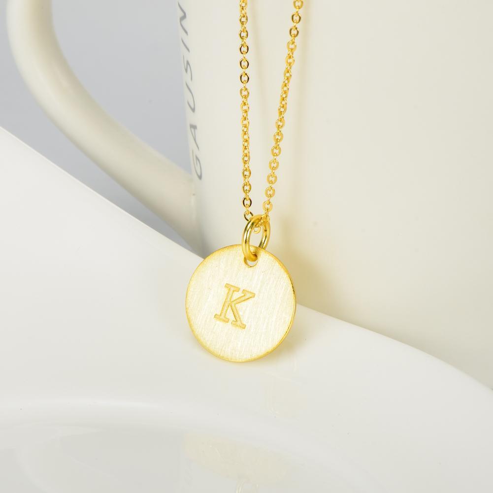 14K Yellow Gold Script Disc Initial Necklace Round Letter 'K' Pendant in 925 Sterling Siver 18'