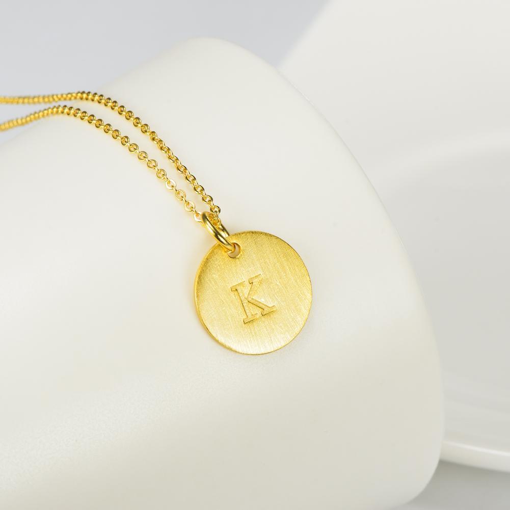 14K Yellow Gold Script Disc Initial Necklace Round Letter 'K' Pendant in 925 Sterling Siver 18'