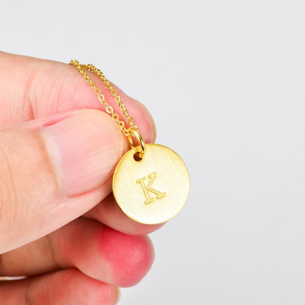 14K Yellow Gold Script Disc Initial Necklace Round Letter 'K' Pendant in 925 Sterling Siver 18'