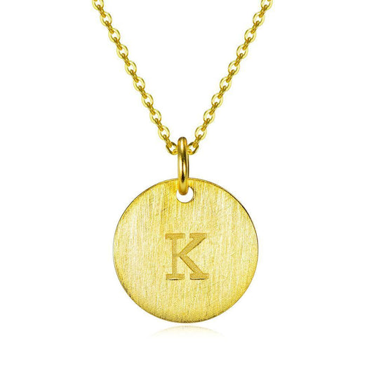 14K Yellow Gold Script Disc Initial Necklace Round Letter 'K' Pendant in 925 Sterling Siver 18'