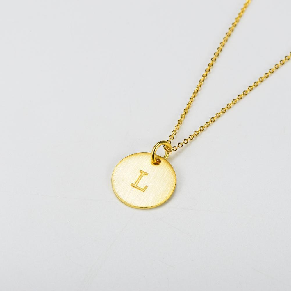14K Yellow Gold Script Disc Initial Necklace Round Letter 'L' Pendant in 925 Sterling Siver 18'