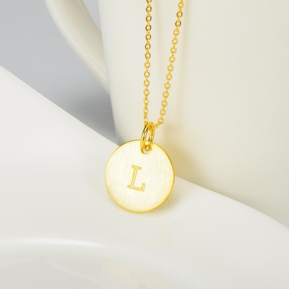 14K Yellow Gold Script Disc Initial Necklace Round Letter 'L' Pendant in 925 Sterling Siver 18'