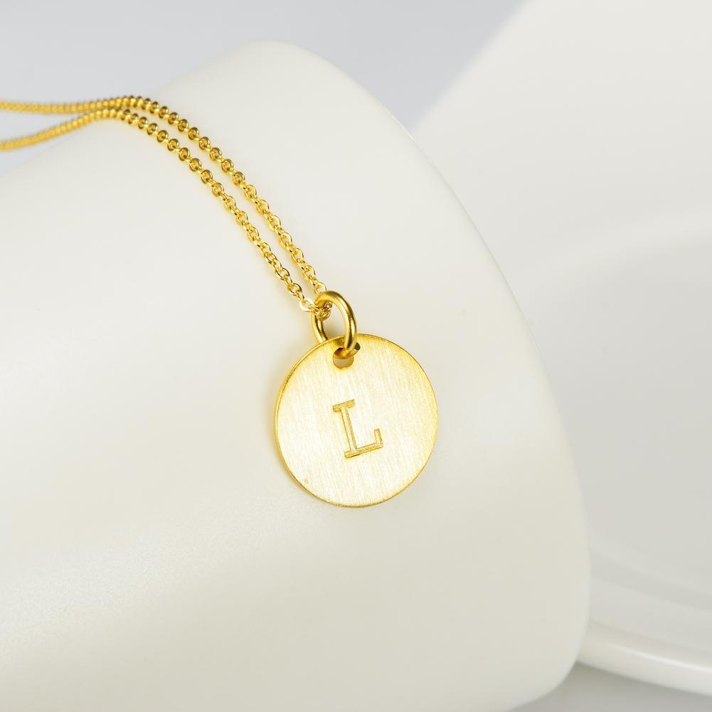 14K Yellow Gold Script Disc Initial Necklace Round Letter 'L' Pendant in 925 Sterling Siver 18'
