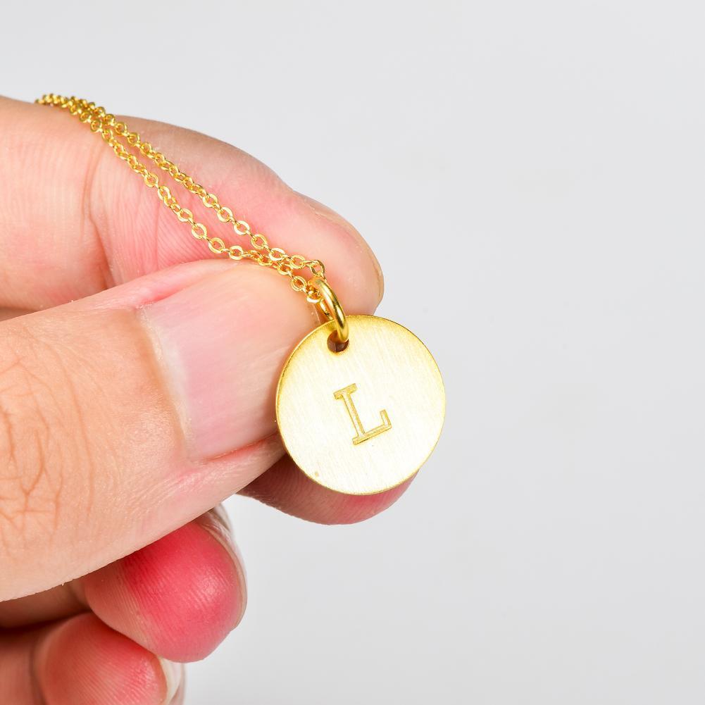 14K Yellow Gold Script Disc Initial Necklace Round Letter 'L' Pendant in 925 Sterling Siver 18'