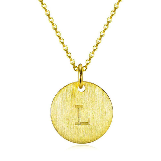 14K Yellow Gold Script Disc Initial Necklace Round Letter 'L' Pendant in 925 Sterling Siver 18'