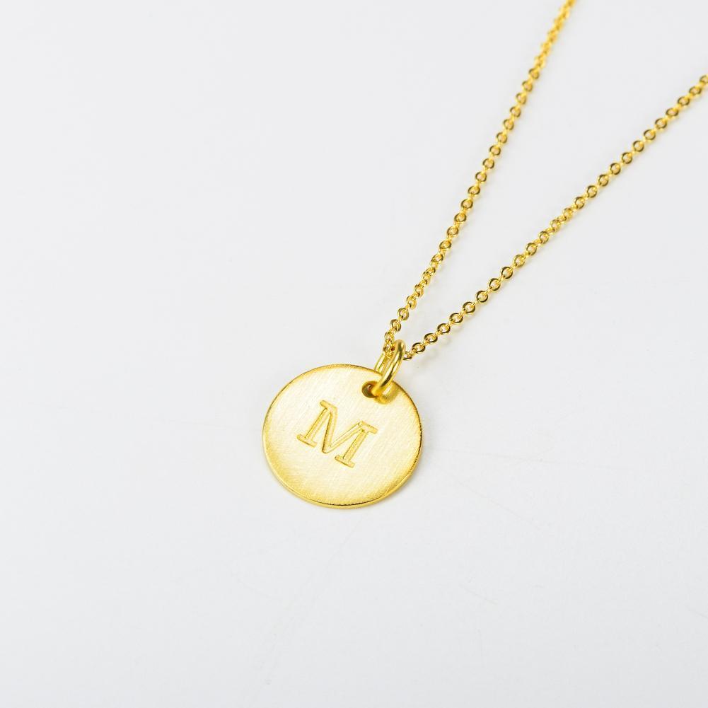 14K Yellow Gold Script Disc Initial Necklace Round Letter 'M' Pendant in 925 Sterling Siver 18'
