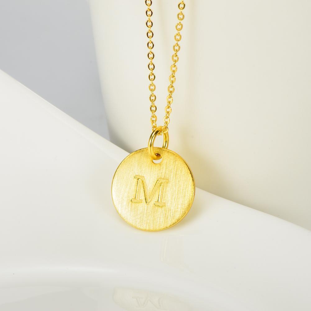 14K Yellow Gold Script Disc Initial Necklace Round Letter 'M' Pendant in 925 Sterling Siver 18'