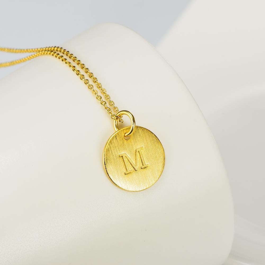 14K Yellow Gold Script Disc Initial Necklace Round Letter 'M' Pendant in 925 Sterling Siver 18'