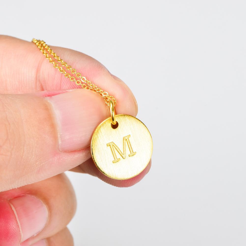 14K Yellow Gold Script Disc Initial Necklace Round Letter 'M' Pendant in 925 Sterling Siver 18'