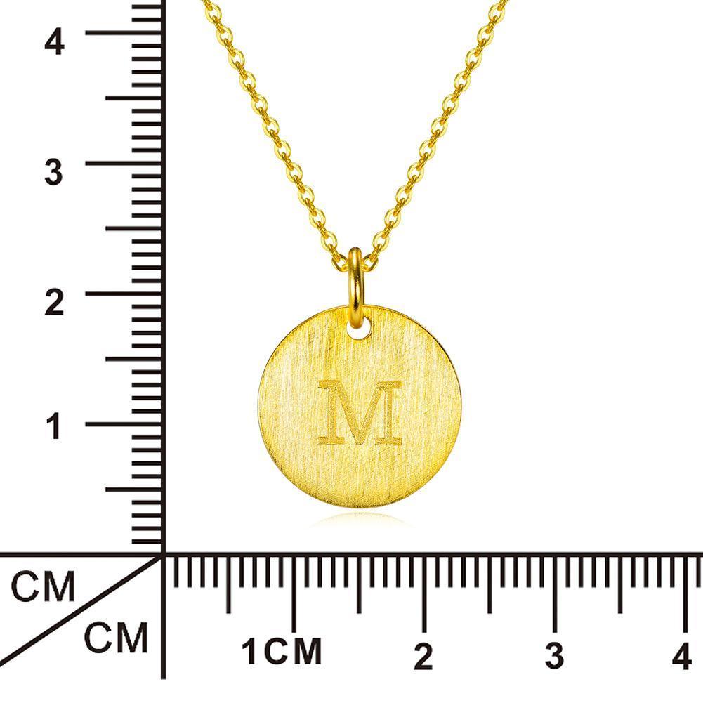 14K Yellow Gold Script Disc Initial Necklace Round Letter 'M' Pendant in 925 Sterling Siver 18'