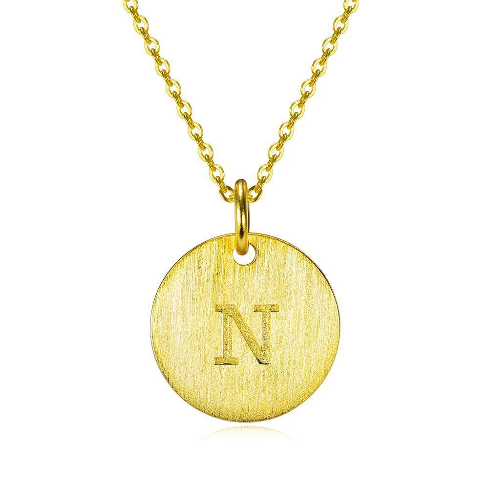 14K Yellow Gold Script Disc Initial Necklace Round Letter 'N' Pendant in 925 Sterling Siver 18'