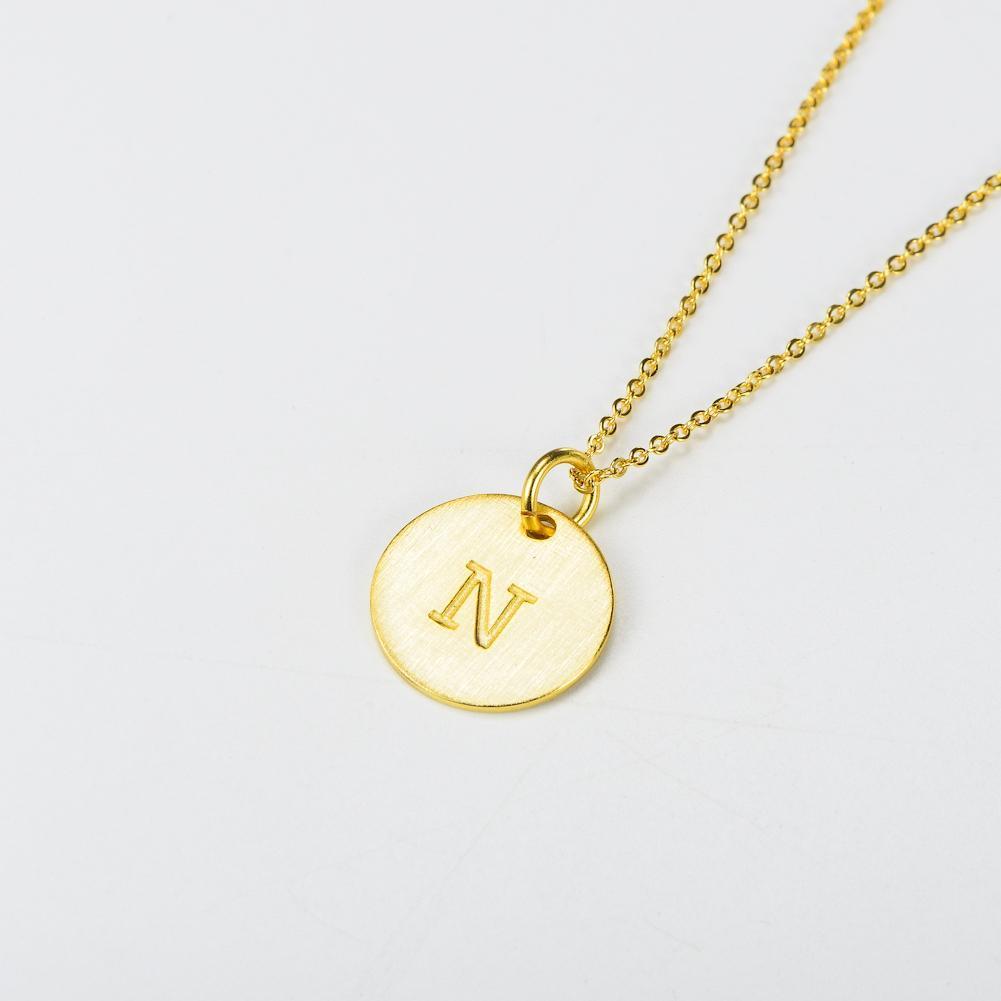 14K Yellow Gold Script Disc Initial Necklace Round Letter 'N' Pendant in 925 Sterling Siver 18'