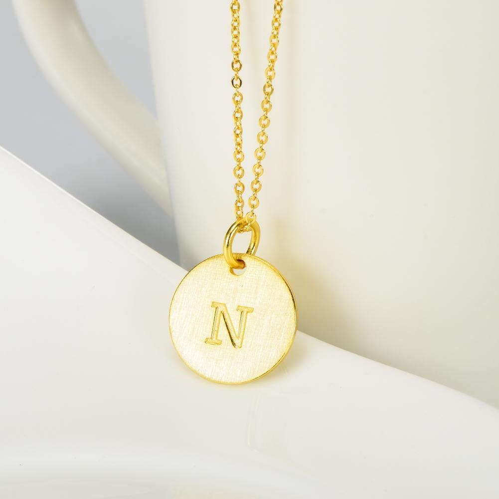 14K Yellow Gold Script Disc Initial Necklace Round Letter 'N' Pendant in 925 Sterling Siver 18'
