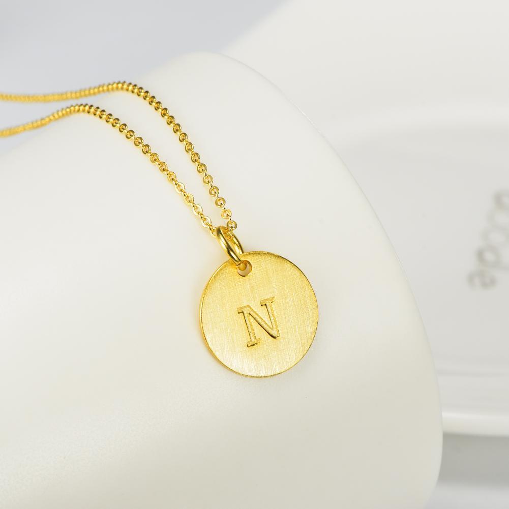 14K Yellow Gold Script Disc Initial Necklace Round Letter 'N' Pendant in 925 Sterling Siver 18'