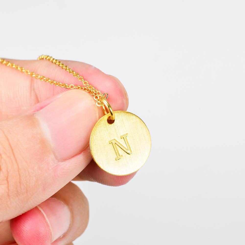 14K Yellow Gold Script Disc Initial Necklace Round Letter 'N' Pendant in 925 Sterling Siver 18'