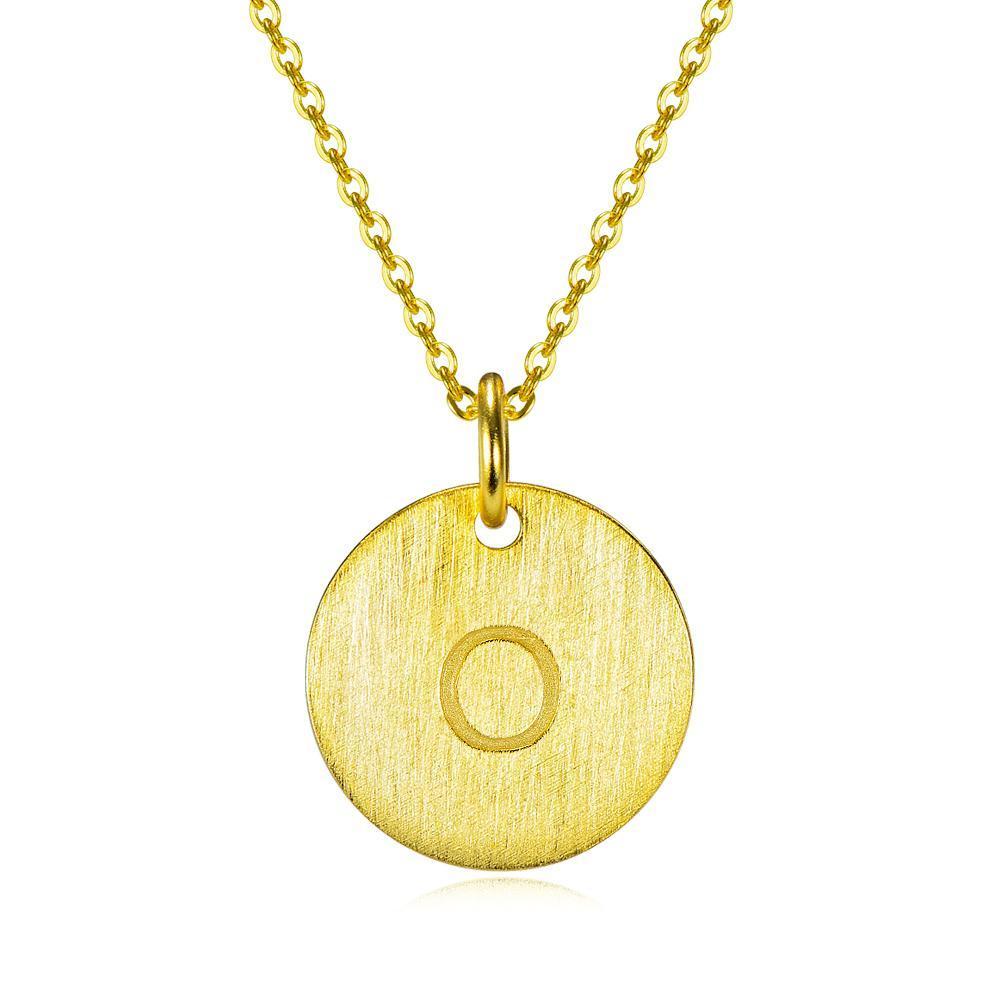 14K Yellow Gold Script Disc Initial Necklace Round Letter 'O' Pendant in 925 Sterling Siver 18'