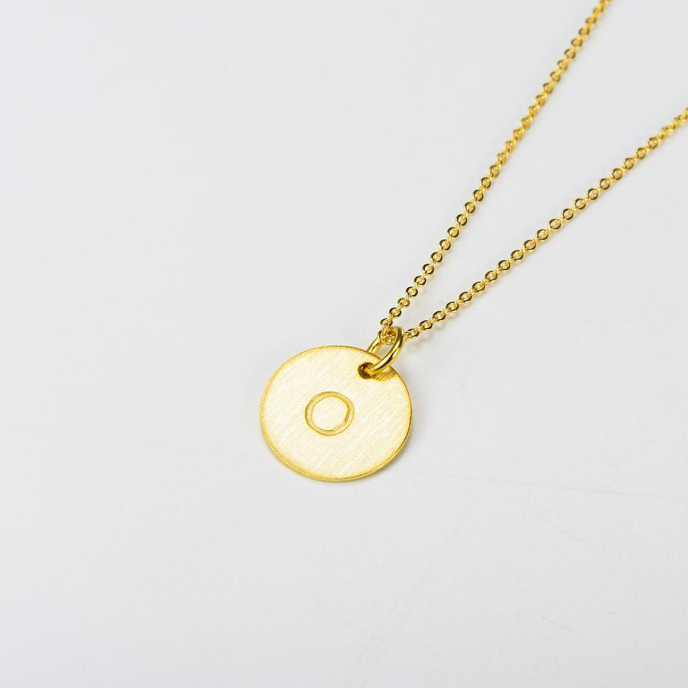 14K Yellow Gold Script Disc Initial Necklace Round Letter 'O' Pendant in 925 Sterling Siver 18'