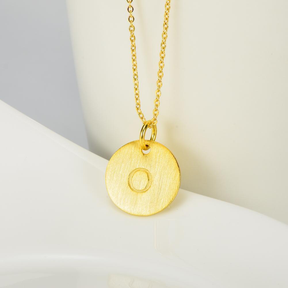 14K Yellow Gold Script Disc Initial Necklace Round Letter 'O' Pendant in 925 Sterling Siver 18'