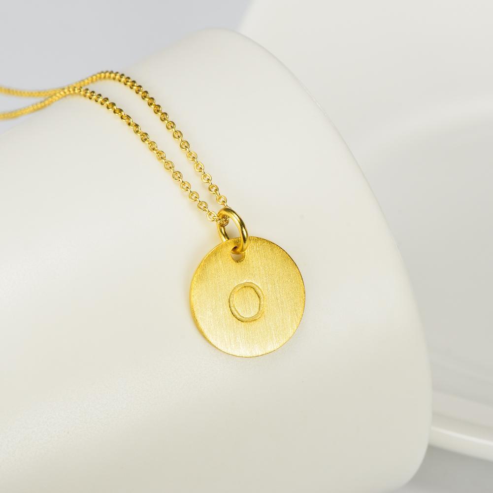 14K Yellow Gold Script Disc Initial Necklace Round Letter 'O' Pendant in 925 Sterling Siver 18'